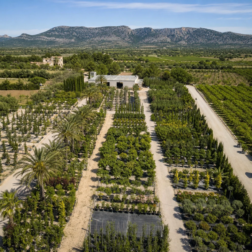 Mediterranean nursery with rows of olive trees and palms under blue sky