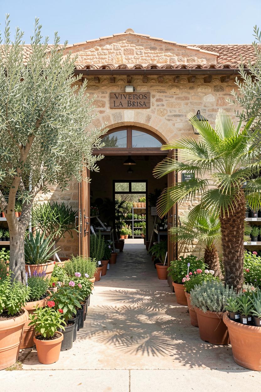 Entrance to Viveros La Brisa with olive trees and potted Mediterranean plants